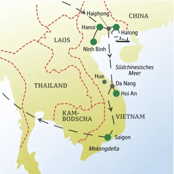 Unsere Reiseroute durch Vietnam startet in Hanoi und führt über Ninh Binh, die Halongbucht und Hoi An bis nach Saigon. Auf unserer Studienreise für Singles und Alleinreisende unternehmen wir auch eine Bootsfahrt auf dem Fluss Thu Bon und einen Ausflug ins Mekongdelta.