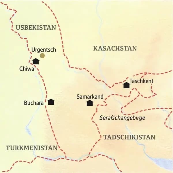 Die Karte zeigt die Höhepunkte und Übernachtungsorte der Reise Usbekistan - Tagträume im Morgenland: Taschkent, Samarkand, Buchara, Chiwa, Urgentsch.