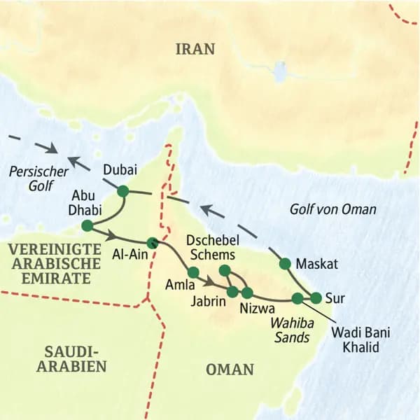 Auf unserer Studienreise Arabische Emirate - Oman - Höhepunkte kommen Sie unter anderem nach Dubai, Abu Dahbi, Nizwa, Wahiba Sands und Maskat.