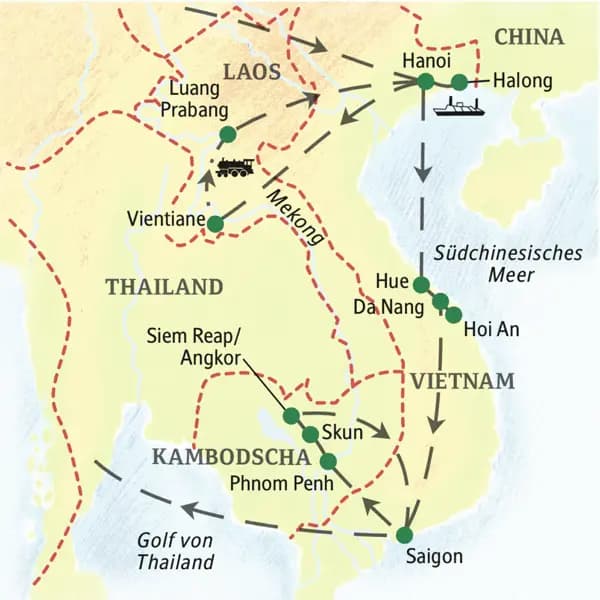 Unsere Reiseroute führt nach Laos, Vietnam und Kambodscha und zu allen Höhepunkten der Länder. Blicken Sie mit Ihrer Studiosus-Reiseleiterin hinter den Bambusvorhang und entdecken Sie den Zauber Indochinas!