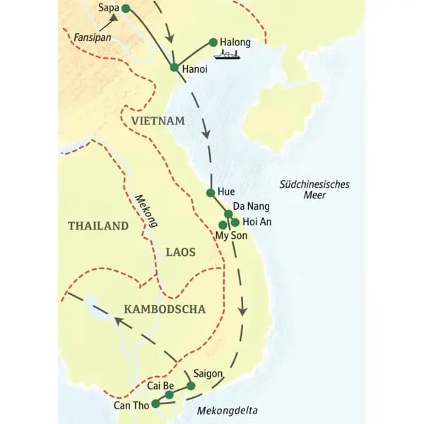 Wichtigste Stationen dieser umfassenden, 16-tägigen Studienreise durch Vietnam: Hanoi, Halongbucht, das Bergland um Sa Pa, Hue, Hoi An, Saigon und das Mekongdelta.