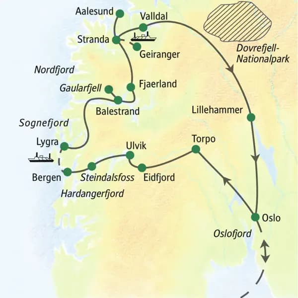 Auf der Studiosus-Reise Norwegen - Welt der Fjorde reisen die Gäste gemeinsam in der Gruppe von Oslo zum Hardangerfjord, Sognefjord und Geirangerfjord.