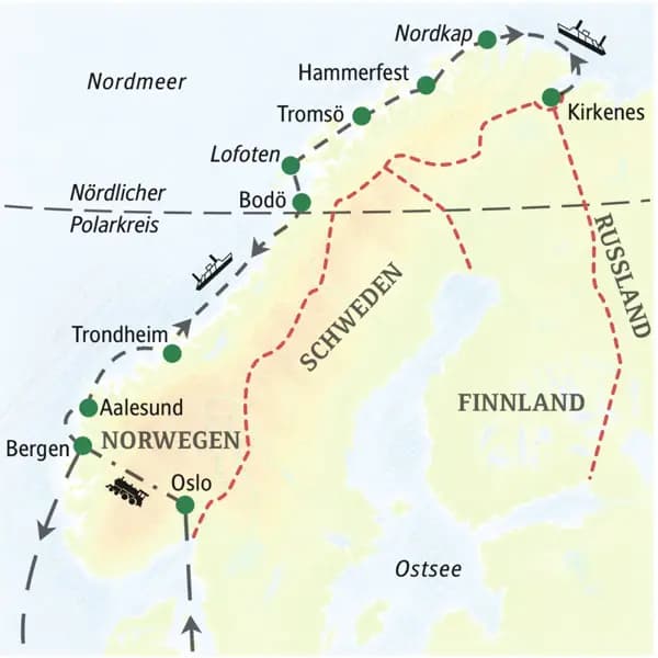 Auf dieser Studiosus-Reise Norwegen - auf der Postschiffroute sind die Gäste die meiste Zeit mit dem komfortablen Schiff unterwegs - von Bergen über den Polarkreis nach Kirkenes und zurück. Außerdem Ausflüge zu Lande.