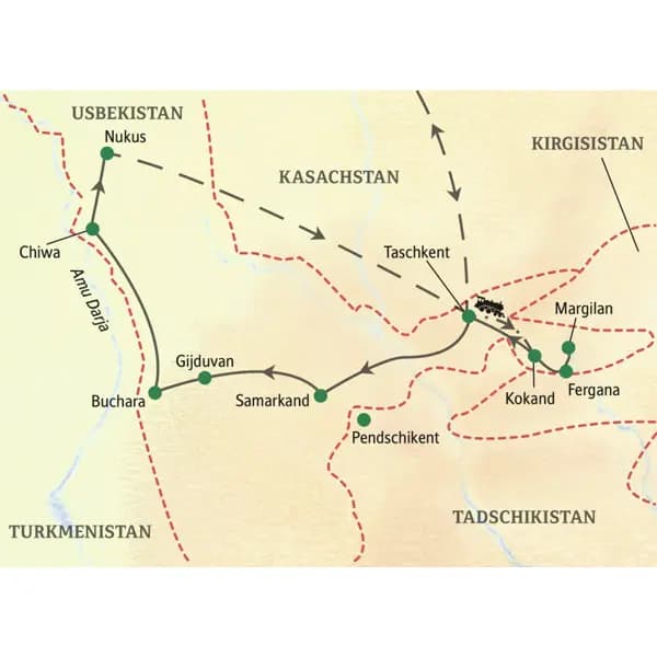 Die Karte zeigt den Verlauf unserer umfassenden Studienreise durch Usbekistan: Taschkent, Ferganatal, Samarkand, Gijduvan, Buchara, Chiwa und Nukus.