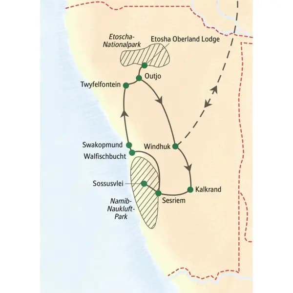 Unsere Reiseroute durch Namibia startet in Windhuk und führt über den Namib-Naukluft-Park, Swakopmund und den Etoscha-Nationalpark zurück nach Windhuk.